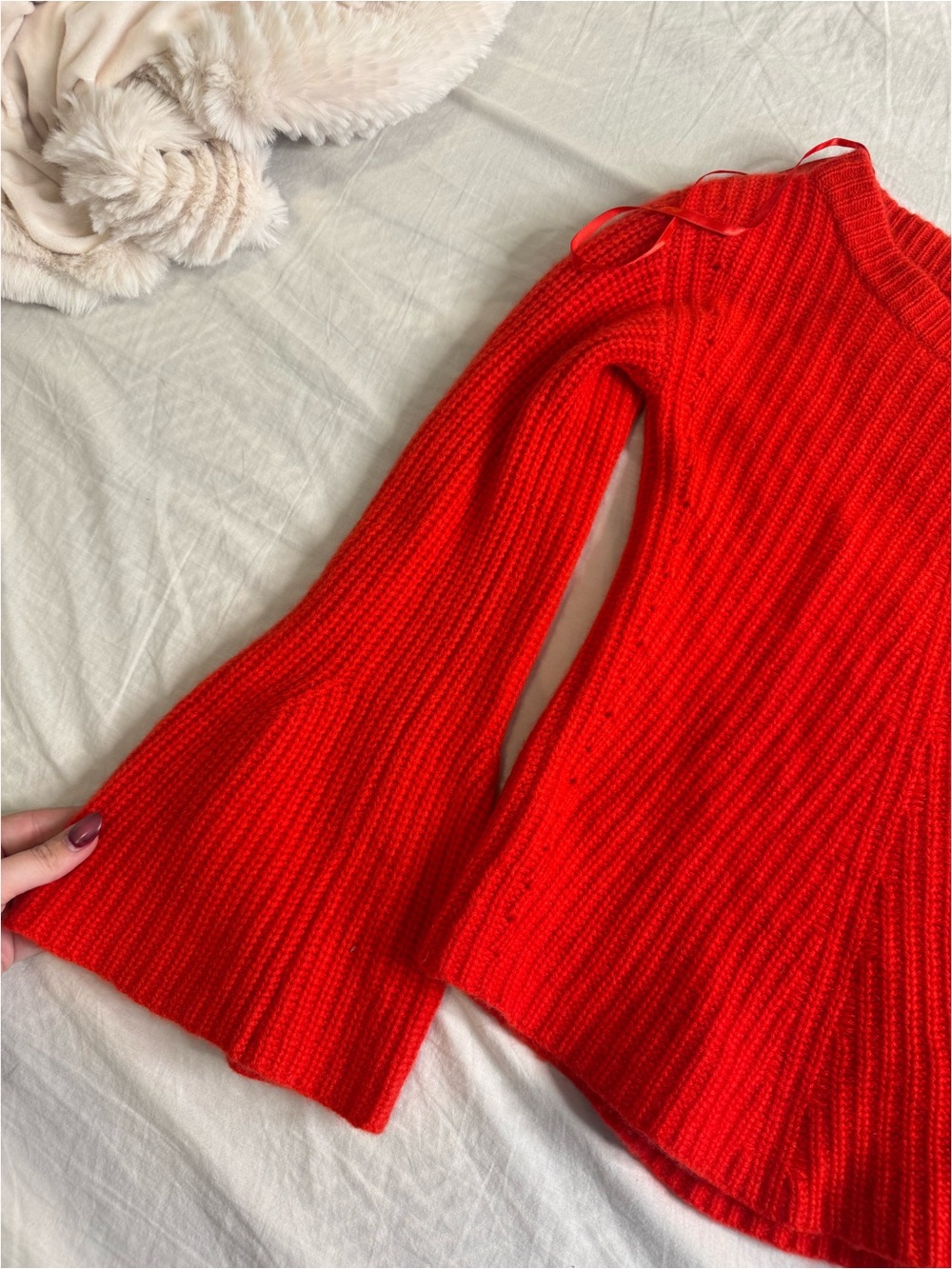 Red Ribbed Bell-Sleeve Sweater - Picture 2 of 4